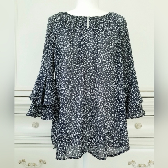 Chaps Tops - Chaps Navy Blue Floral Georgette Bell Sleeve Keyhole Peasant Blouse Large